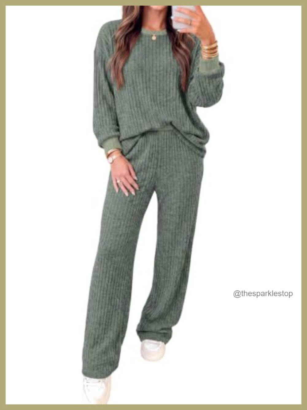 Ribbed Knit Lounge Set 2 Piece Sweater Wide Leg Pants Travel Outfit
